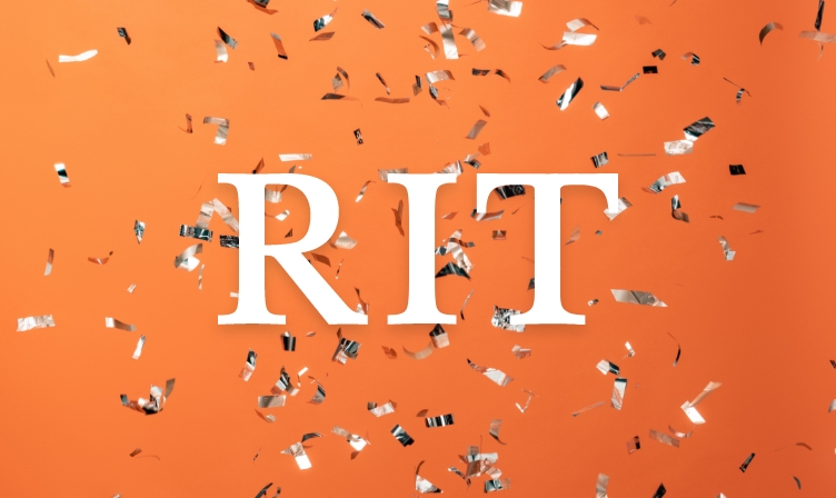 RIT logo on an orange background with confetti.
