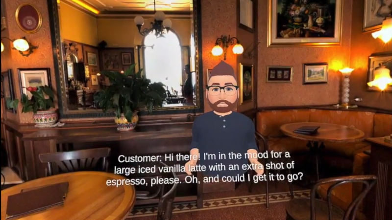 Graphic rendering of a customer in a real restaurant, placing an order
