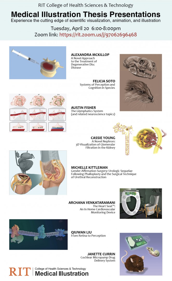 A poster with samples of student work from the medical illustration MFA program. 