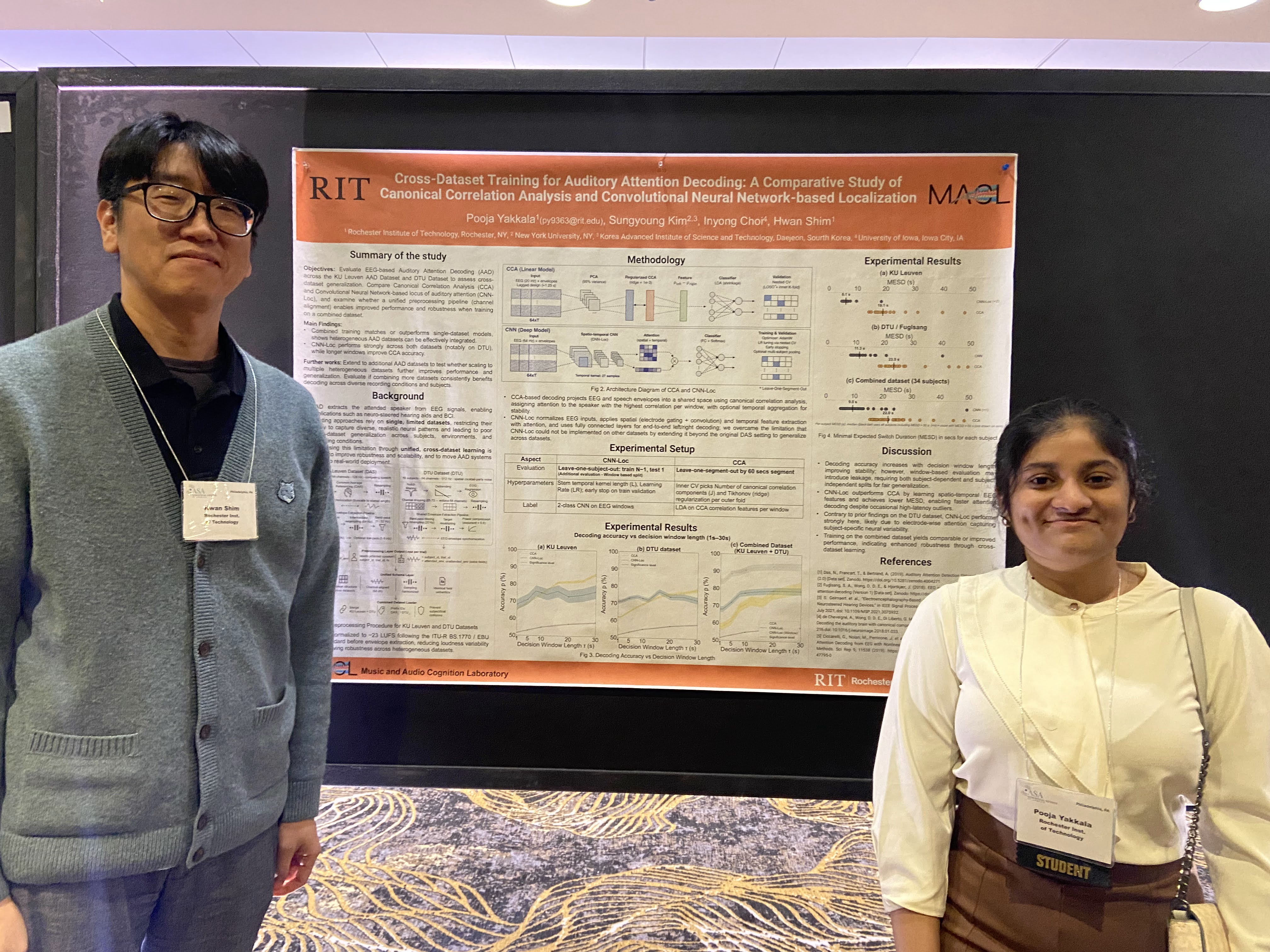 MS student Pooja Yakkala and Dr. Hwan Shim present their award-winning poster, 'Cross-Dataset Training for Auditory Attention Decoding,' at the 190th ASA Meeting in Philadelphia.