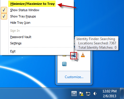 A screenshot from a Windows computer, showing the context menu for Spirion Identity Finder, with "Minimize/Maximize to Tray" highlighted.