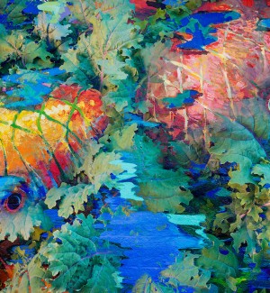 An abstract picture containing photographic elements of foliage, paint, and other textures to create a fantastical pond-like scene.