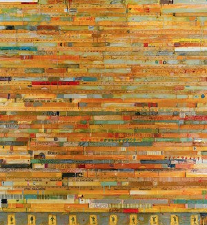 A large encaustic painting comprised of yard sticks arranged in rows in shades of yellow, red, and green 