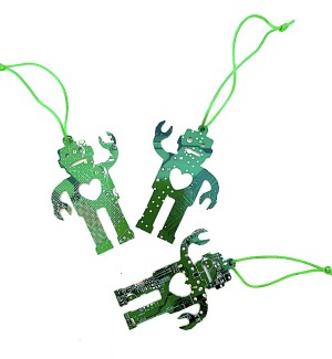 Three green robot ornaments with a heart cut out of the chest made of cut circuit board hung on a green string.