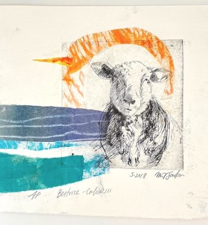 Drypoint etching monoprint with colorful collage elements depicting a sheep.