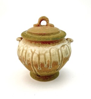 Multicolored Hand Thrown Ceramic Lidded Jar with arc finial.