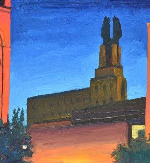 Painting of city buildings in the evening with lights shining on the buildings and trees in the foreground with a darker building in the background silhouetted by the sky.