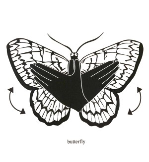 Black and white illustration of butterfly with the American hand sign for butterfly incorporated into it.