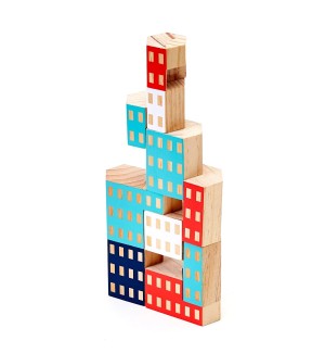 A unique set of stacking wooden blocks in blue, red and white with windows painted on each block. 