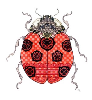 A print with an illustration of a red ladybug with black flower shaped dots.