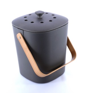 Dark charcoal colored, lidded bucket shaped container with a bamboo handle.