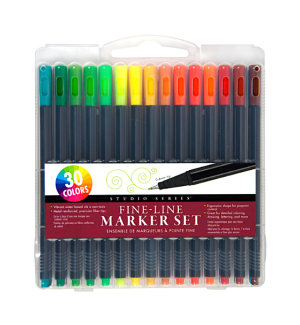 clear plastic package of black barreled markers with 30 different colored tips.