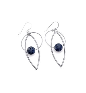 a pair of earrings with a silver metal circle with a grey lava bead, a teardrop metal shape that hang like a free form mobile. 