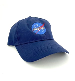 a navy blue brimmed hat with ASL font 'N-A-S-A' embroidered over the NASA meatball across the front.