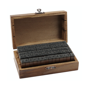 wooden Rubber Stamp alphabet in lower and upper case with punctuation in wooden box with clasp.