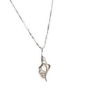 a silver pendant in the shape of a conch shell.