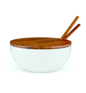 a smooth white ceramic salad bowl with a natural wood lid and two serving utensils.
