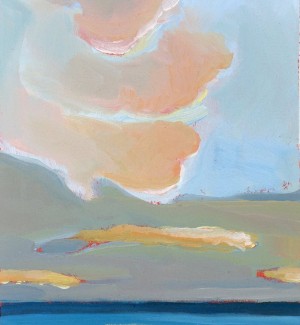 a painting of a waterscape with three puffy pink clouds.