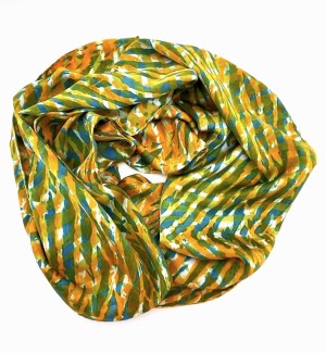 a silk scarf with a cross hatching of colors including teal blue, rust orange and  citrus green.