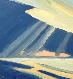 an expressionistic painting of a seascape with a burst of sun light breaking through the clouds.