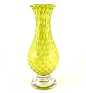 a hand blown teardrop shaped glass vase with a lime green diamond pattern across the surface. 