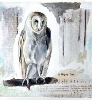 a hand painted illustartion of a white and grey owl on a perch.