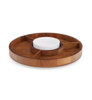 a round wood lazy susan with three compartments and a white porcelain dish in the center.