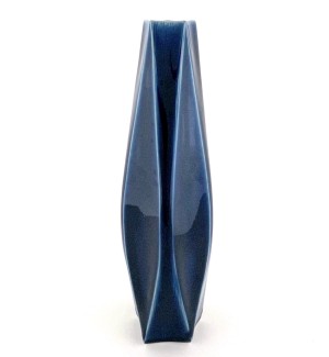 a tall and narrow, cobalt blue glazed vase with faceted sides. 