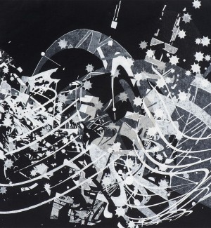 an abstract art print with bold undulating strokes of white and star shapes on a black background.