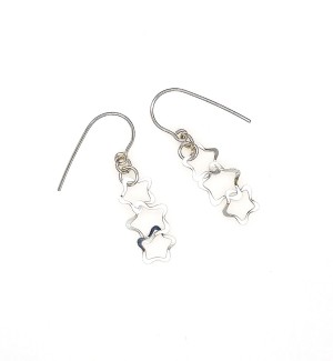 A handcrafted pair of Sterling silver earrings with three linked star shapes.
