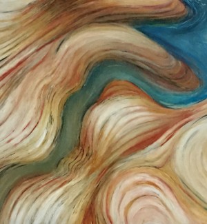an abstract painting with blended strokes of color that suggest swirls of dry dust in color bands of beige, brown, rust and highlights of green and blue..