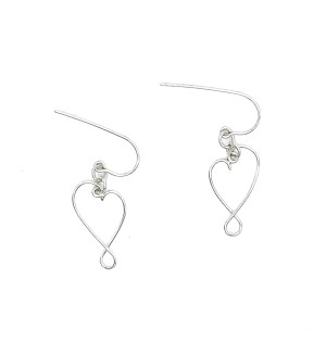 a pair of Sterling silver wire, hook style dangle earrings in the shape of an upside down heart.
