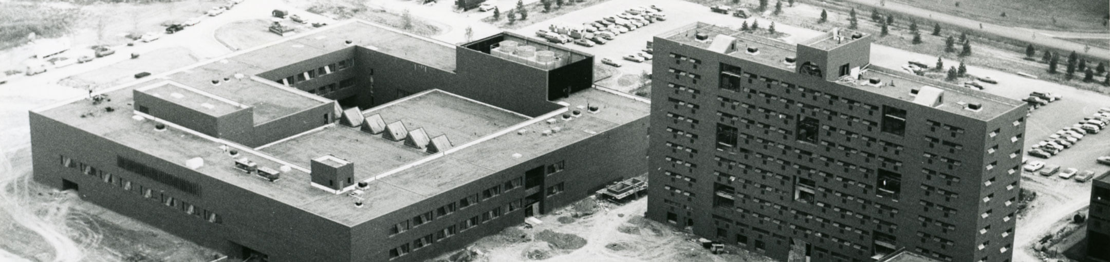 1974 aerial photo of the NTID academic building and resident hall