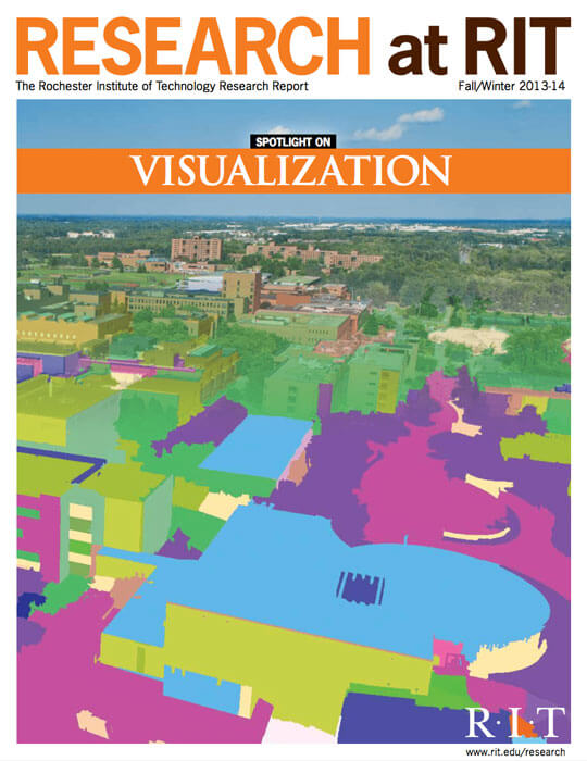 Cover for Fall / Winter 2013-14 issue of the Research Magazine spotlighting visualization