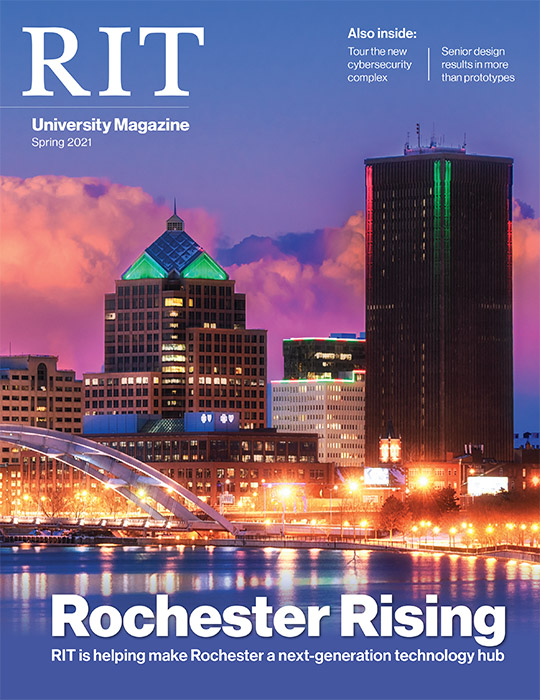 Cover of Spring 2021 University Magazine featuring Rochester skyline.