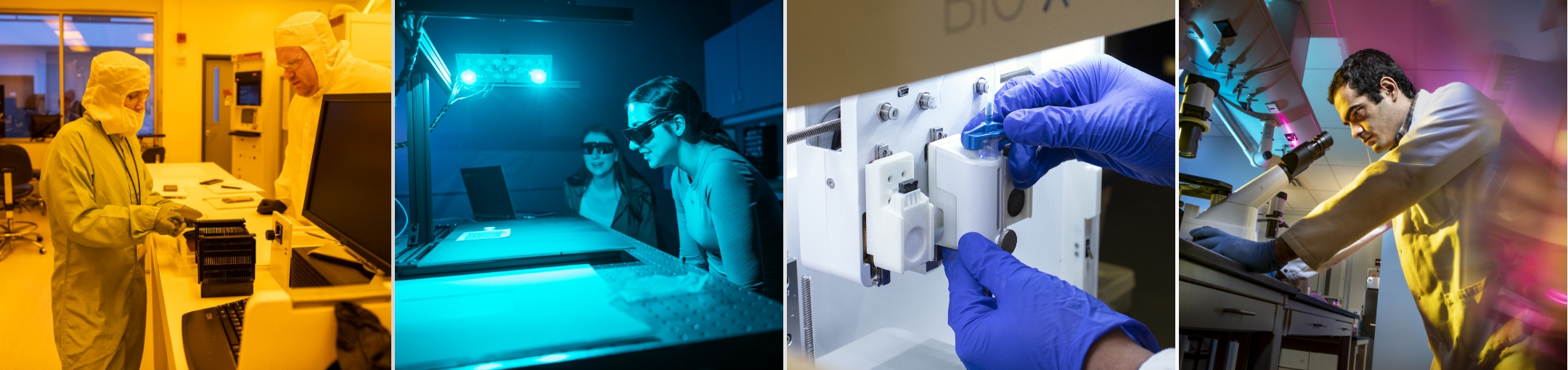 four images side by side first image is of two people in a complete body cover working in a room with yellow light. Second image is of two people sitting in a room wearing protective eye covering in a room bathed in blue light. Third image is off a pair of hands wearing purple latex gloves while working with a machine. Fourth image is of a person looking into the eye holes of a microscope while wearing a white lab coat and latex gloves.