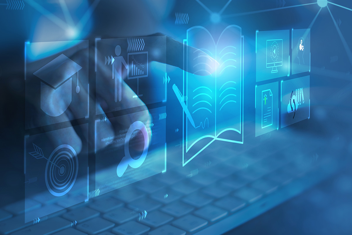 blue abstract background, with floating icons and glyphs representing areas of study, overlayed on a grid of dots and lines