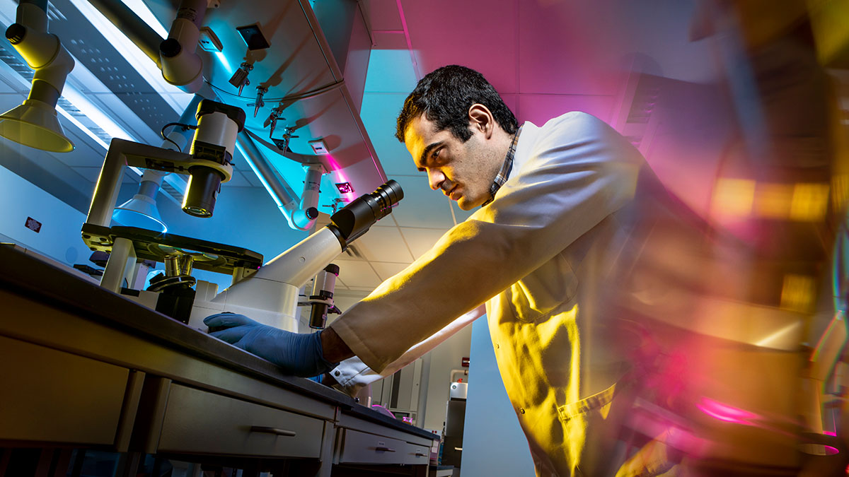 A researcher in a lab coat, focused on work with microscopes, in a colorful, high-tech lab environment.