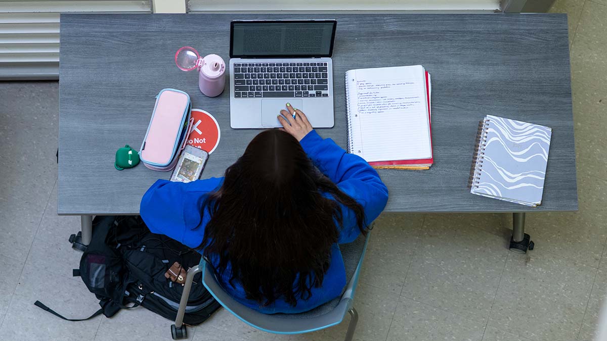 overhead view of a student working on a laptop.