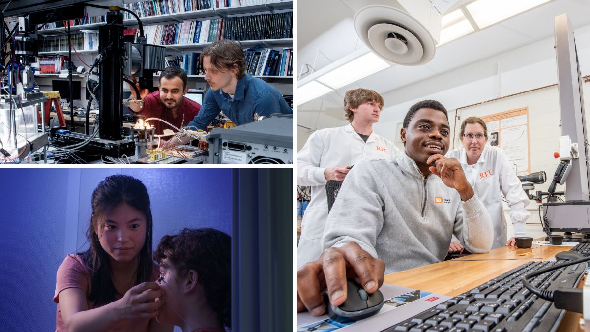 college of images showing student researchers working on a computer, researchers in an electronics lab, and a reseacher adjusting optical equipment.