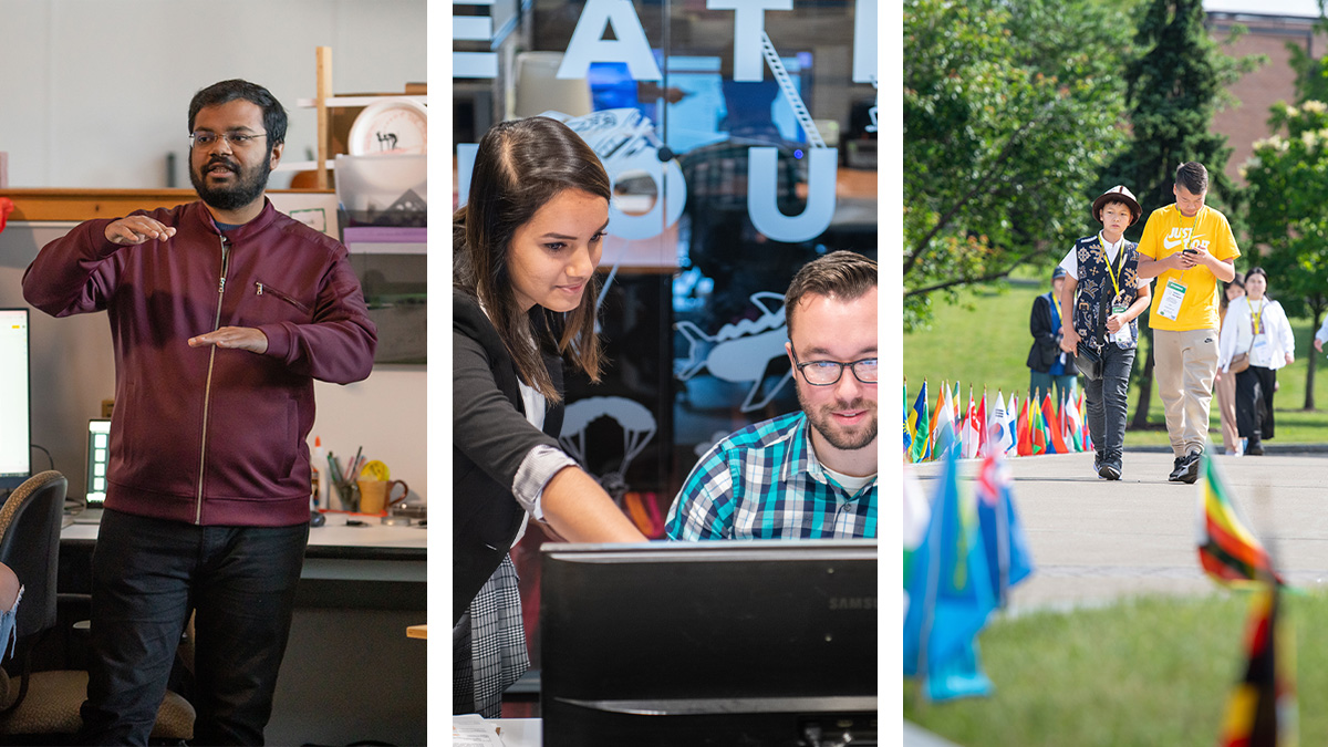 A collage of student activities, international flags, and advising sessions at R I T.