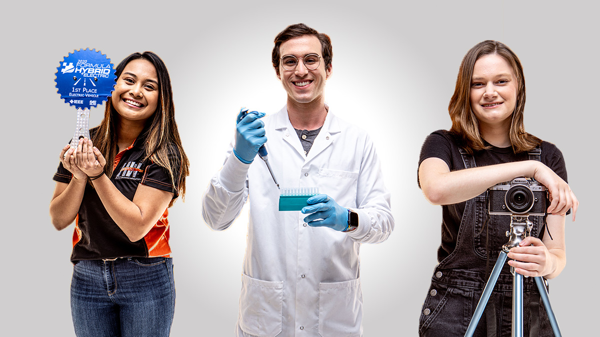 three students in a composite image, one holding a trophy, one wearing a lab coat and holding a pipette, and the last posing with a camera on a tripod.