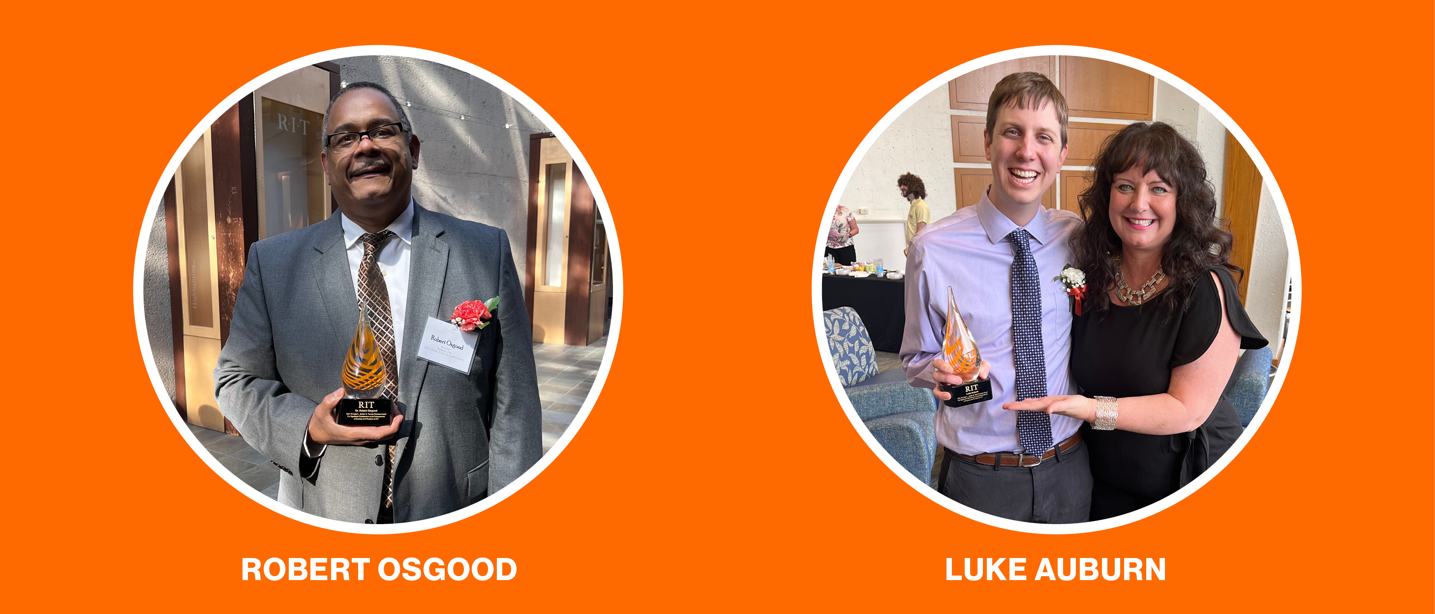 two photos in circles with orange background