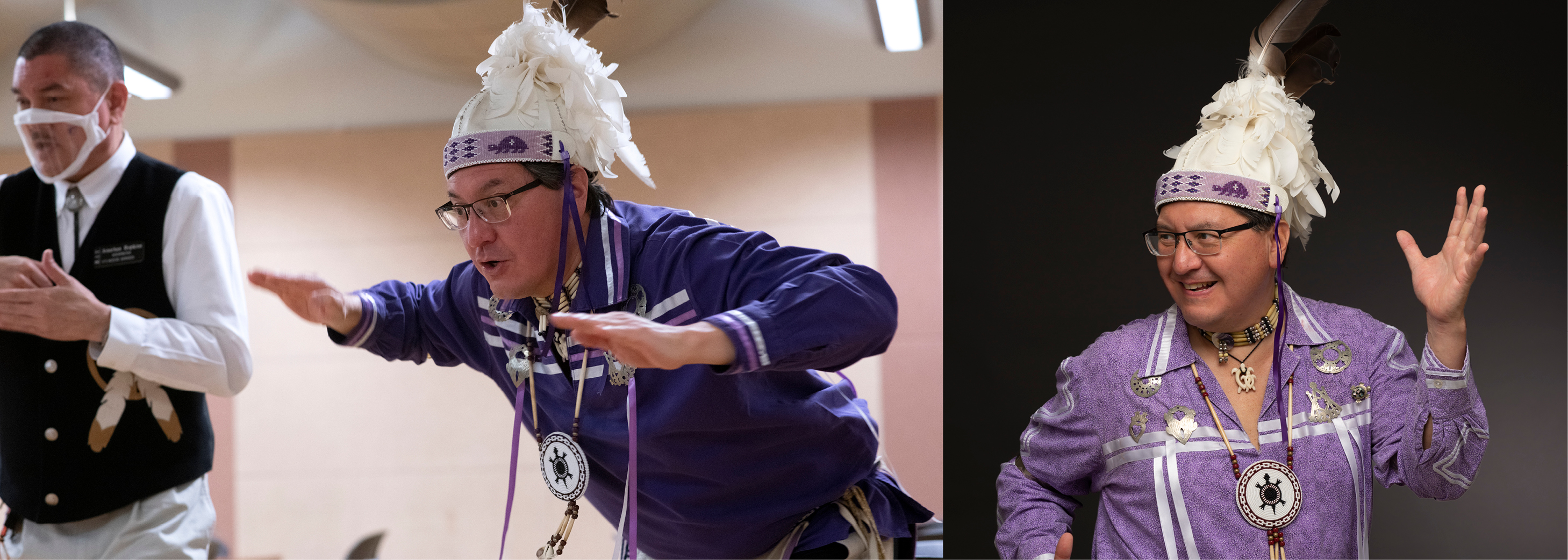 two photos of Perry in traditional outfit