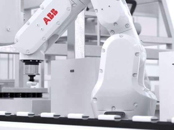 A robotic arm in a clean factory.