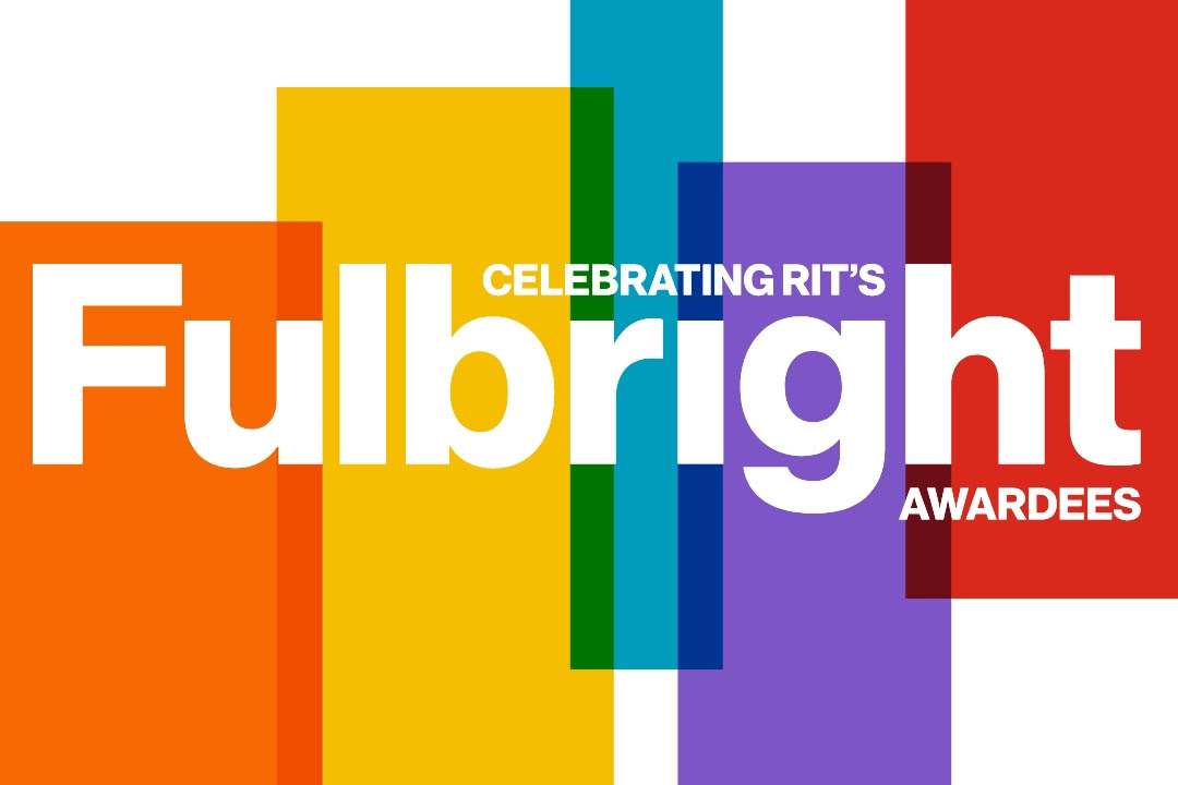 Celebrating RIT's fulbright awardees white text written on a multicolor background