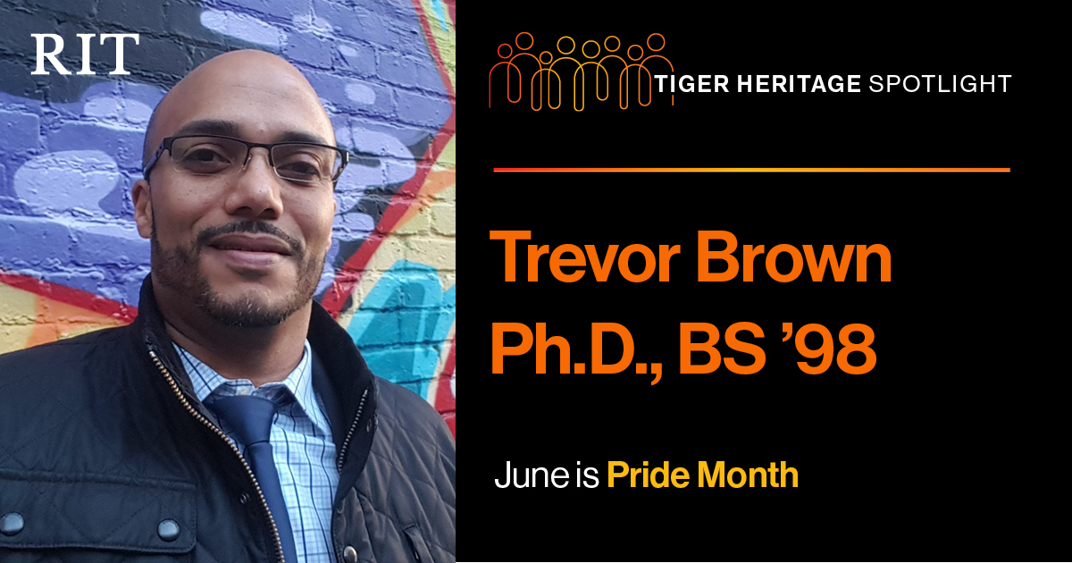 Trevor Brown, Ph.D., BS ‘98 head shot on the left with a Tiger Heritage Spotlight logo on the right.