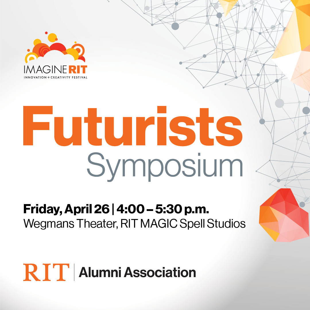 a graphic with Futurists Symposium written in orange block letters