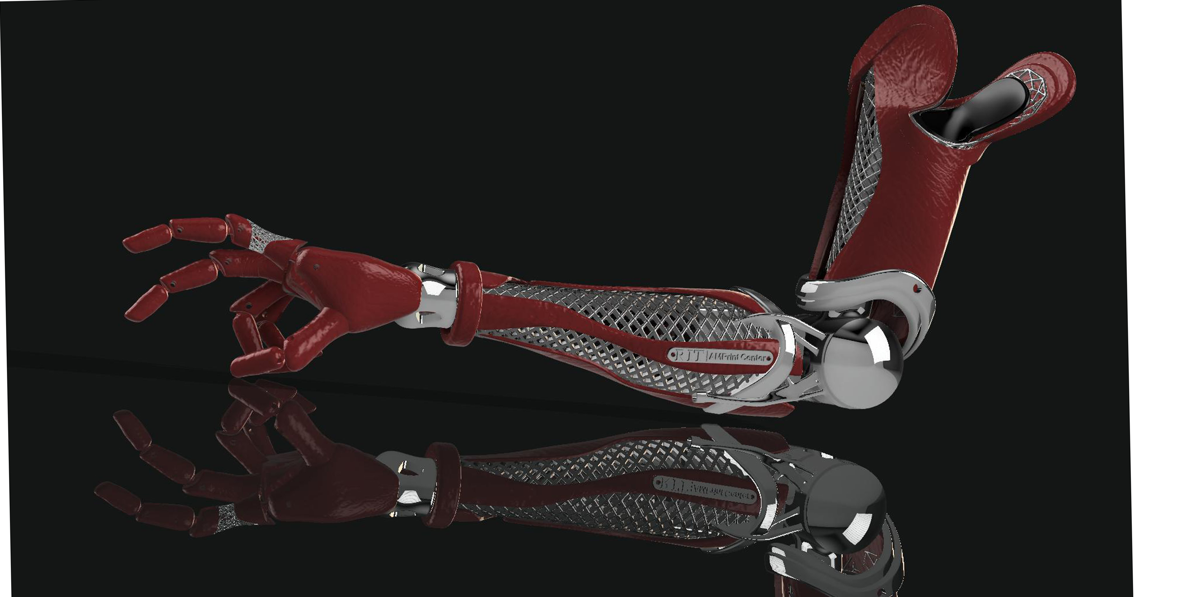 Rendering of prosthetic arm with a chrome and red colors.