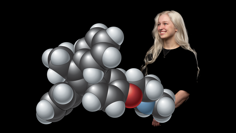 A composite portrait of Ashley Mastin behind one of her medical illustrations.